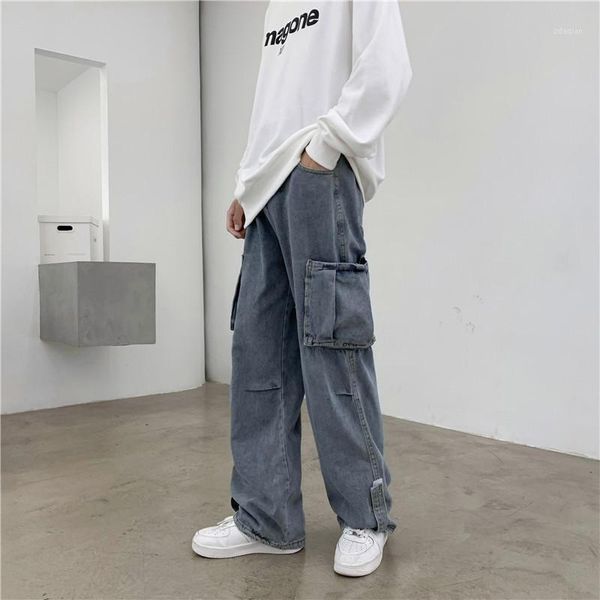 

men's jeans spring and autumn retro overalls trousers straight loose oversized wild wide-leg daddy pants pocket hip-hop, Blue