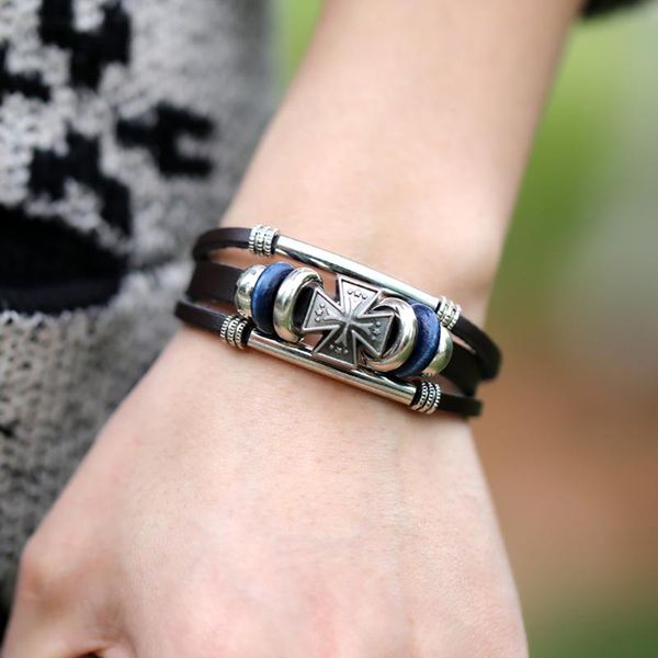 

charm bracelets brand fashion hook male trendy bangle handmade wrap cross leather bracelet men jewelry, Golden;silver