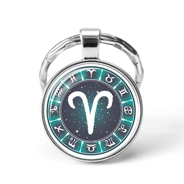

12 constellation zodiac sign jewelry pendant aries virgo leo cancer key chain ring round glass keychain keyring birthday gift, Slivery;golden