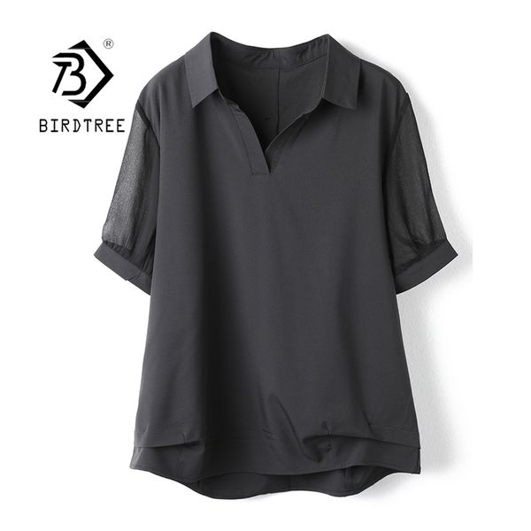 

fashion women's summer solid patchwork chiffon loose blouse v neck office shirt short sleeve casual button t12801x 210419, White