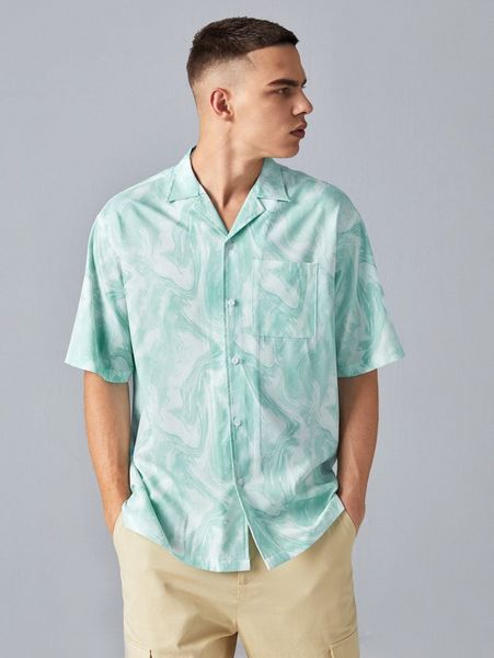 

men pocket patched marbled shirt 73f3#, White;black