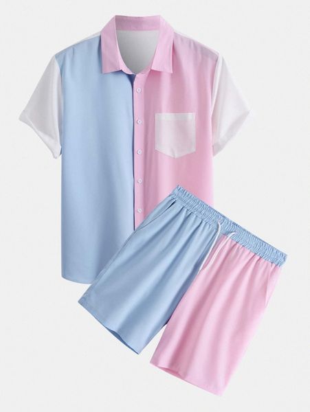 

men color block patched pocket shirt & drawstring waist shorts f27j#, Gray