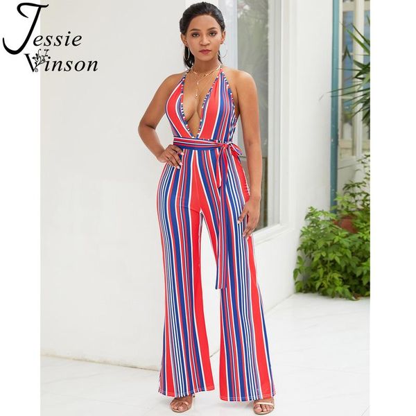 

women's jumpsuits & rompers jessie vinson v-neck sleeveless spaghetti strap striped wide leg jumpsuit long pants women backless belted, Black;white