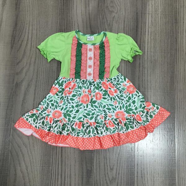 

summer baby girls milk girl dress silk short sleeve knee length lemon green floral ruffles children clothes cotton kidswear, Red;yellow