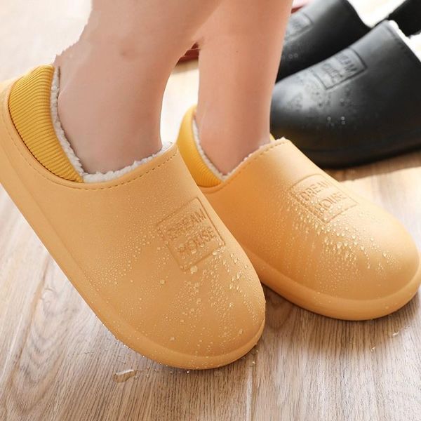 

waterproof indoor slippers women men winter home floor shoes warm plush removable insole lovers kitchen working slipper, Black