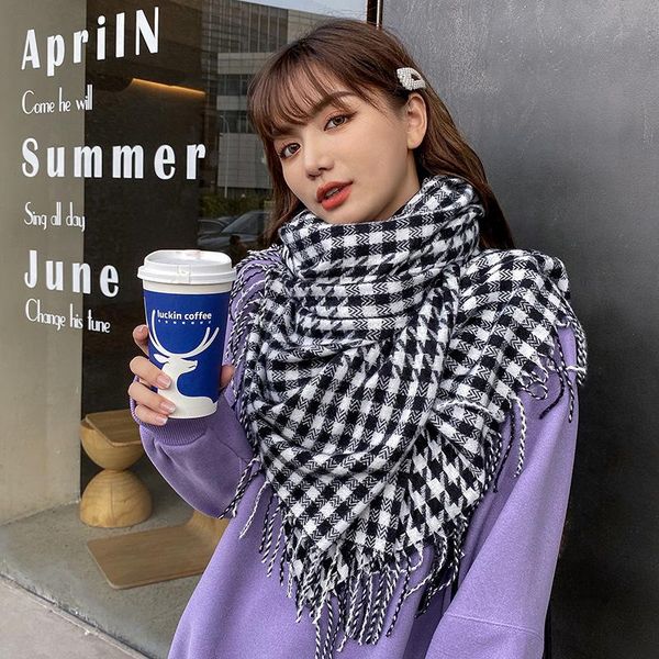 

scarves winter women's european and american cashmere warm tassel shawl thickened neck scarf houndstooth, Blue;gray