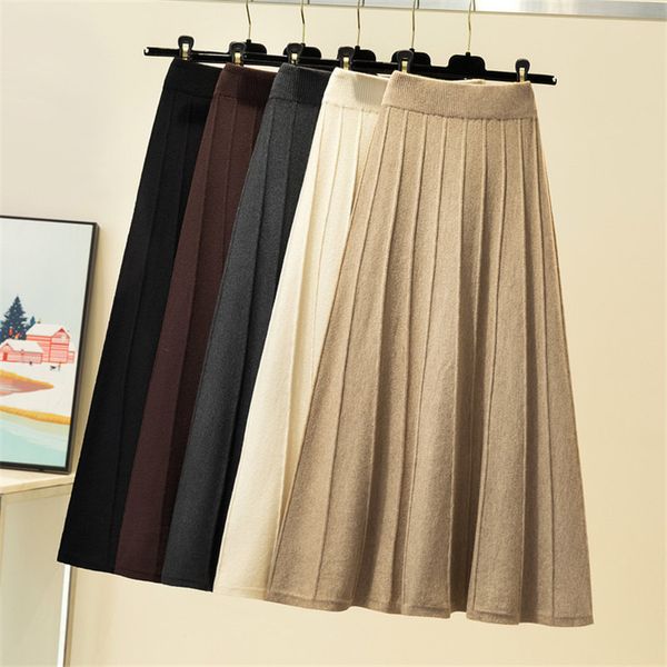 

women knitted pleated skirt korean fashion high waist elastic skirt autumn winter a-line casual loose sweater skirts 210419, Black