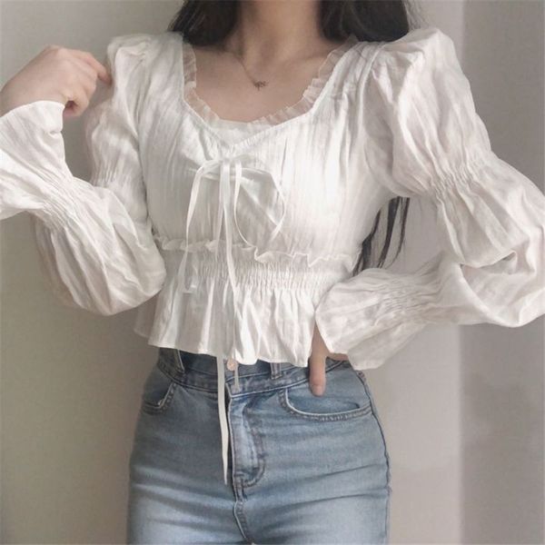 

blouse women fashion lace v-neck puff sleeve lace up solid slim spring elegant shirts korean crop casual blusas 210515, White