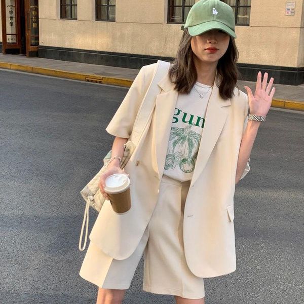 

women's tracksuits shorts suit women summer casual office short sleeve blazer high waist pants korean style baggy cozy female two piece, Gray