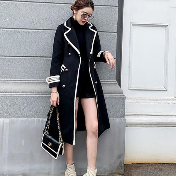 

women's wool & blends women 2021 autumn winter elegant british style long coat solid color sleeve chic outerwear lady casual loose over, Black