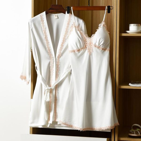 

white lace flower trim 2pcs robe sets sling nighty nightdress lounge bathrobe dressing gown 2021 summer lingerie home wear women's slee, Black;red