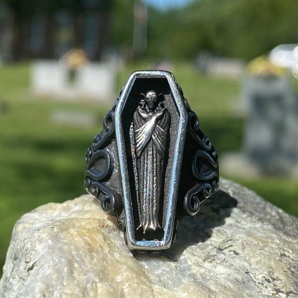 

wedding rings vintage men's punk stainless steel ring gothic vampire coffin hip-hop horror skeleton rock biker amulet jewelry, Slivery;golden