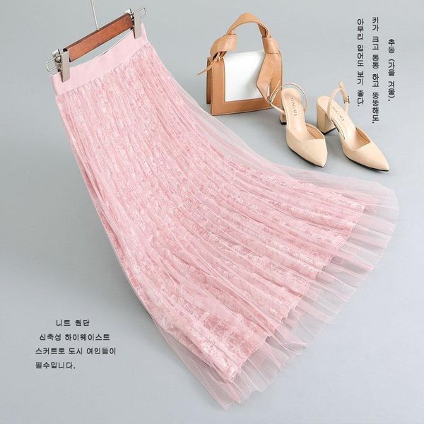 

skirts elastic hight waist women's pleated 2021 spring fashion pleuche mesh splicing slim fit skirt ladies skinny, Black