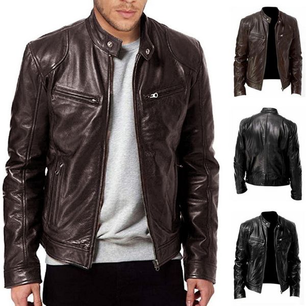 

2020 New Men Motocycle 2020 Trendy Strewear Stand Collar PU Leather Slim Fit et Casual Autumn Coats, Black;brown