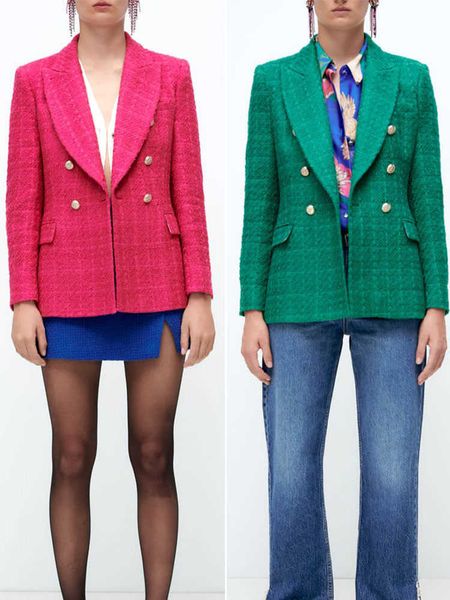 

za suit autumn ladies all-match lapel long-sleeved texture double-breasted slim casual jacket 210930, White;black