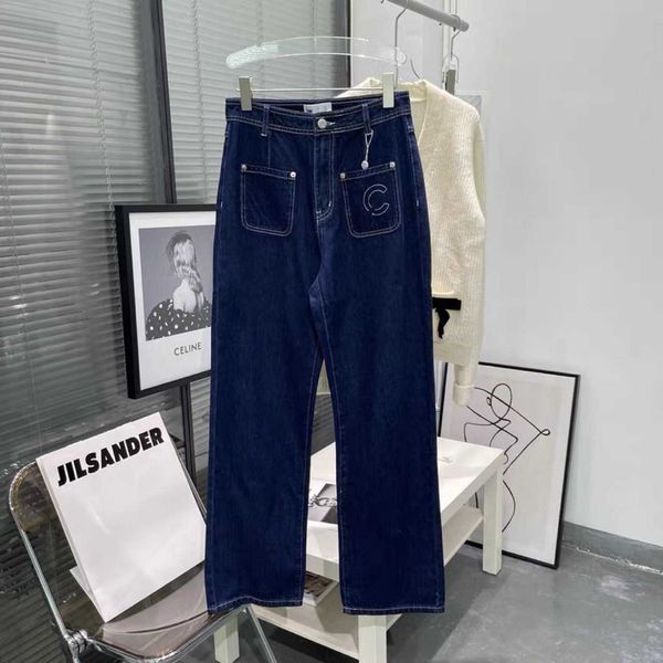 

dark xiaoxiangjia's blue embroidered double pocket straight tube skinny jeans