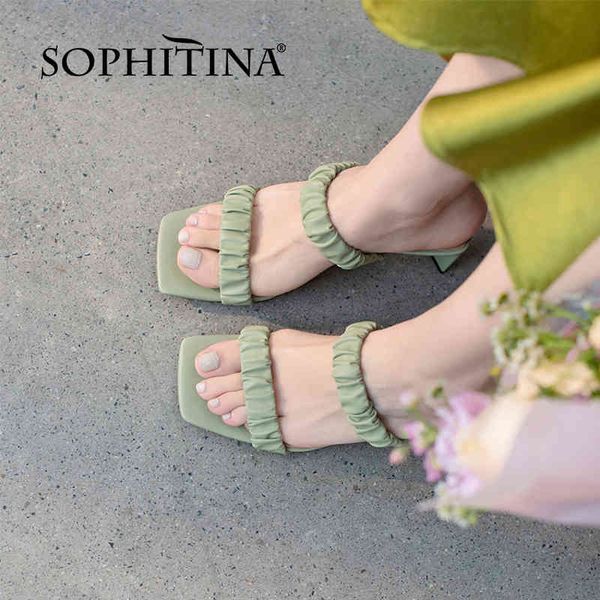 

sophitina women shoes sandals summer genuine leather square heel square toe dressing pleated fashionable fo322 210513, Black