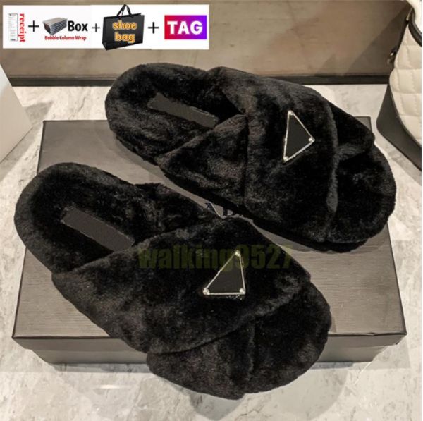 

luxury designer womens slippers ladies wool slides winter fur fluffy furry warm letters sandals comfortable fuzzy girl flip flop slipper, Black