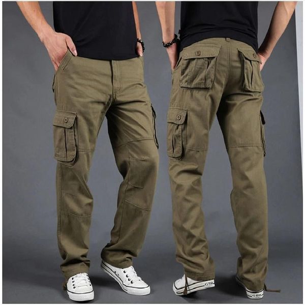 

men's pants trendy loose baggy cargo men casual cotton with multi pocket fashion trousers joggers man clothing, Black