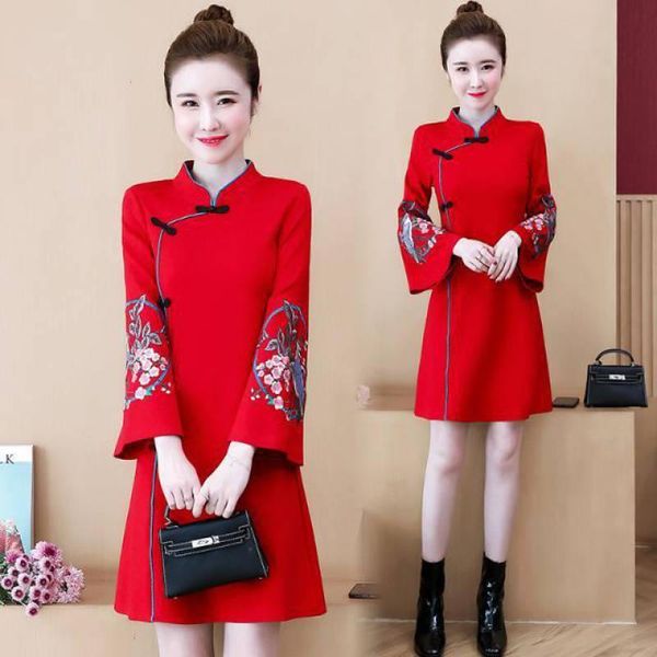 

casual dresses chinese style year women dress autumn and spring stand-up improved cheongsam red black embroidery qipao, Black;gray