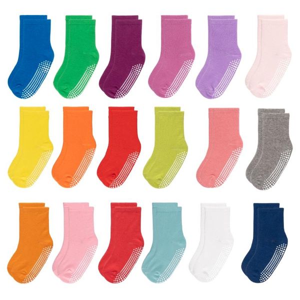 

baby girl boys non-slip crew socks with grips anti skid sole fit 6 months to 7 years old kids, multiple colours, cotton, Pink;yellow