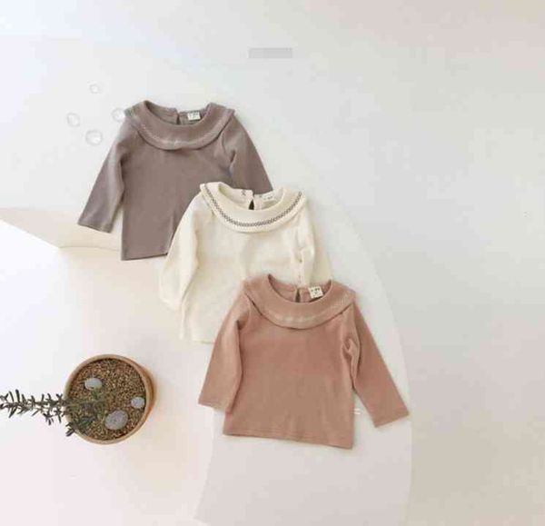 

korean style baby girls turn-down collar embroidery long sleeve base t shirts pure cotton all-match for 0-2 years girl 210508, Blue