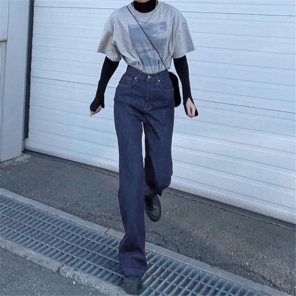 

tmustobe 90s flared pants jeans for women vintage casual high waist slim mom woman baggy streetwear trousers 2021 women's, Blue