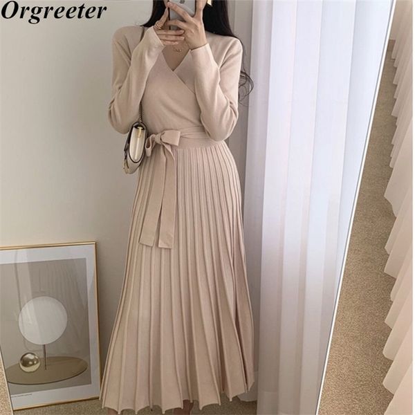 

korean chic pleated knitted dress fall winter v-neck tie up knit es women high waist long sleeve sweater 210602, Black;gray