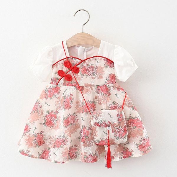 

girl's dresses summer toddler baby girls clothes short sleeve floral print princess dress bag outfits 2021 child wear, Red;yellow