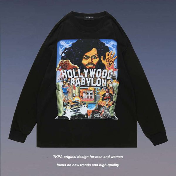 

tkpa dark vibe style american street hip hop portrait print long sleeve sweater ins for men and women, Black