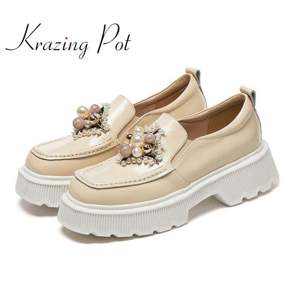 

krazing pot genuine leather round toe high heels pearl rhinestone decoration gorgeous beauty lady dating slip on women pumps l36 dress shoes, Black