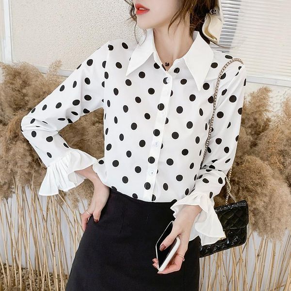 

women's blouses & shirts blouse polka dot printed chiffon shirt spring korean fashion loose long sleeve blusas, White