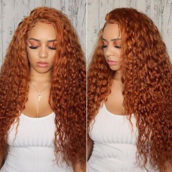 

ginger t part brazilian water wave wig hd deep lace front curly human hair wigs pre plucked women, Black;brown