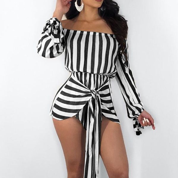 

women's jumpsuits & rompers off shoulder lace up slim stylish long sleeve women striped playsuit ladies slash neck overalls clubwear, Black;white