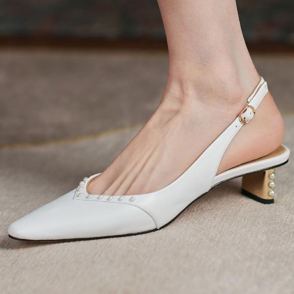 

sandals women's genuine leather thin high heel pointed toe slingback slip-on elegant ladies beading summer evening dress pumps, Black