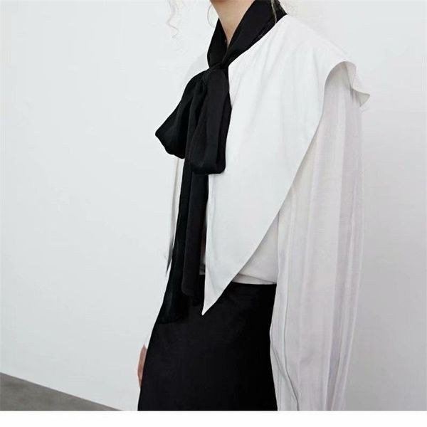 

women's blouses & shirts zxqj women 2021 sweet fashion with bow tied pleated patchwork vintage long sleeve female blusas chic, White