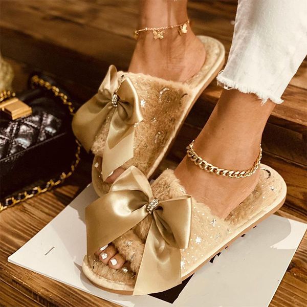 

house slippers for women flat shoes fur gold bow knot crystal woman indoor plus size 43 female footwear furry shinning, Black