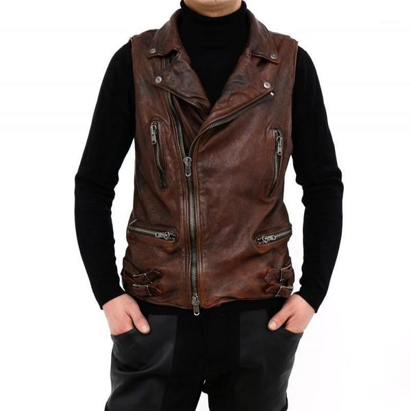 

men's vests 2021 black slim fit biker's leather vest men japan style diagonal zipper genuine sheepskin spring motorcycle coat, Black;white