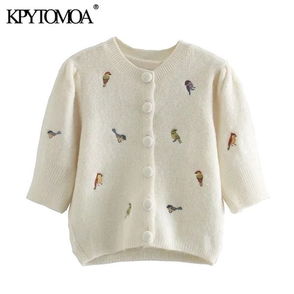 KPYTOMOA Moda donna con ricamo Cardigan lavorato a maglia corto Maglione Vintage Manica a sbuffo Capispalla femminile Chic Top 211103