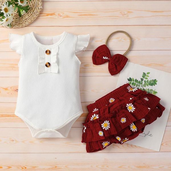 

clothing sets 3pcs baby girl clothes set born girls ribbed bodysuit floral daisy skirts headband outfit infant clothe, White