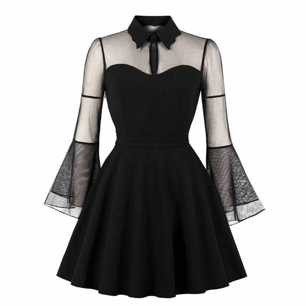 

plus size dresses vintage punk goth dress women 2021 ladies solid mesh black long sleeve gothic clothes retro summer party robe