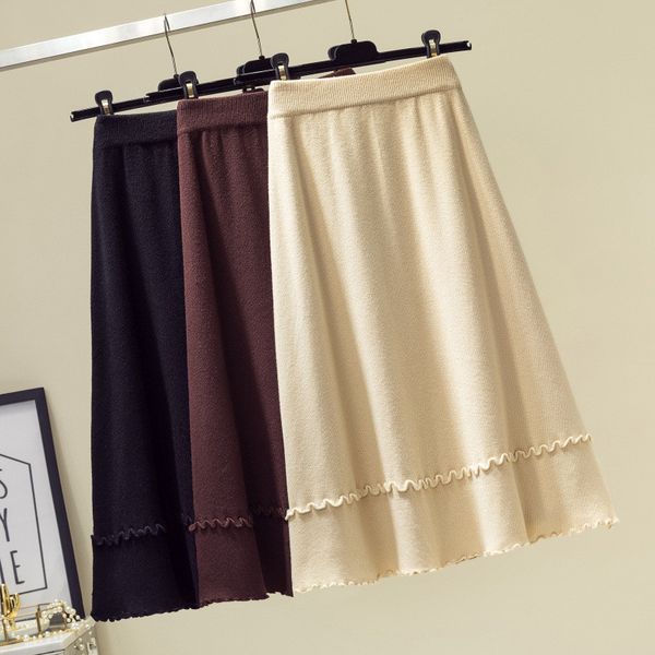 

women elastic knitting skirt autumn winter casual loose solid high waist skirts fashion warm a-line streetwear skirt 210419, Black