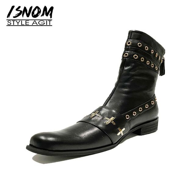 

boots isnom ladies genuine leather ankle fashion metal rivet zipper shoes punk round toe women bootie autumn winter 2021, Black