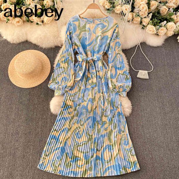 

women print pleated dress spring bow sashes floral midi long es korean puff sleeve a line 210512, Black;gray