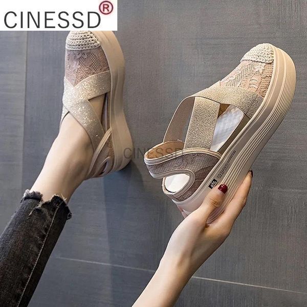 

sandals women retro sewing mesh flats summer shoes fashion woman elastic bandage casual platform 2021 loafers, Black