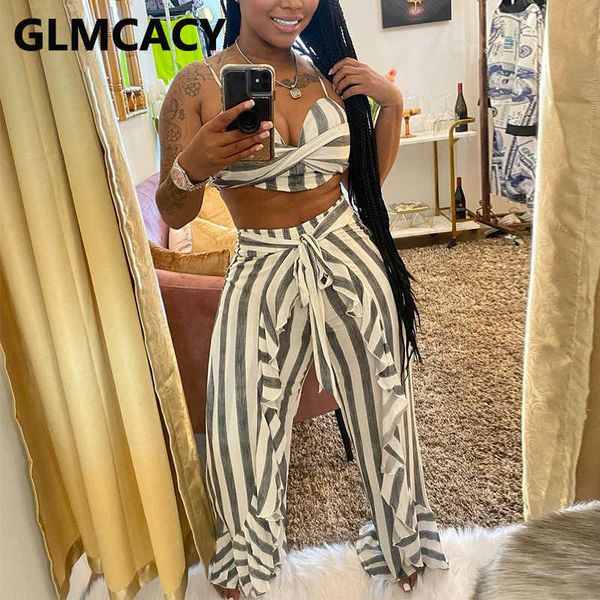 

two piece striped suits spaghetti strap crop & loose pants set 210702, White