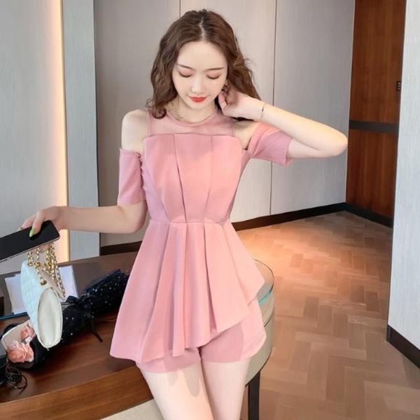 

women's tracksuits 2021 women summer elegant 2 pcs set o neck off shoulder ruffles high waist wide leg shorts suit female casual solid, Gray