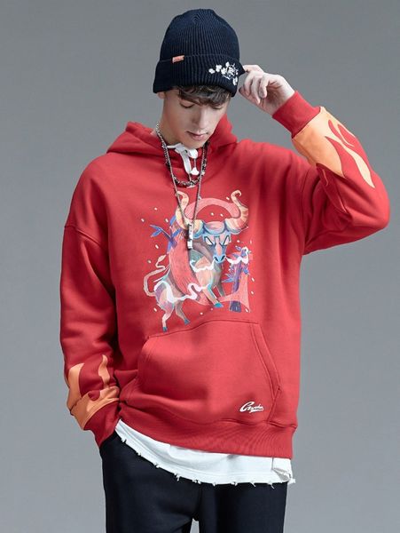 

men bull & slogan graphic drop shoulder drawstring hoodie 31vv#, Black