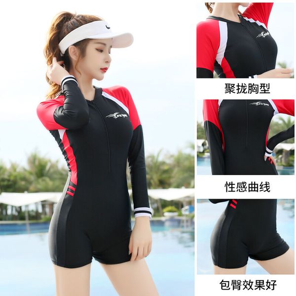 

female sports show one-piece conservative swimming thin suit cover belly large size long short sleeve stu, White;black