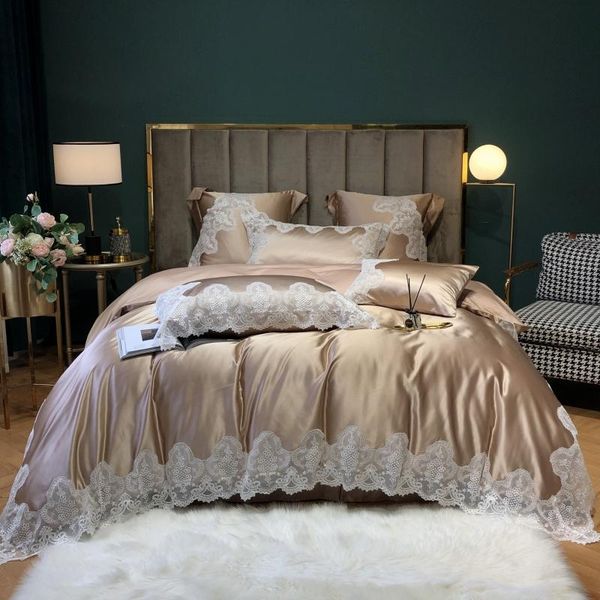 

bedding sets luxury champagne high precision satin silky egyptian cotton princess set white lace edge duvet cover bed sheet pillowcas
